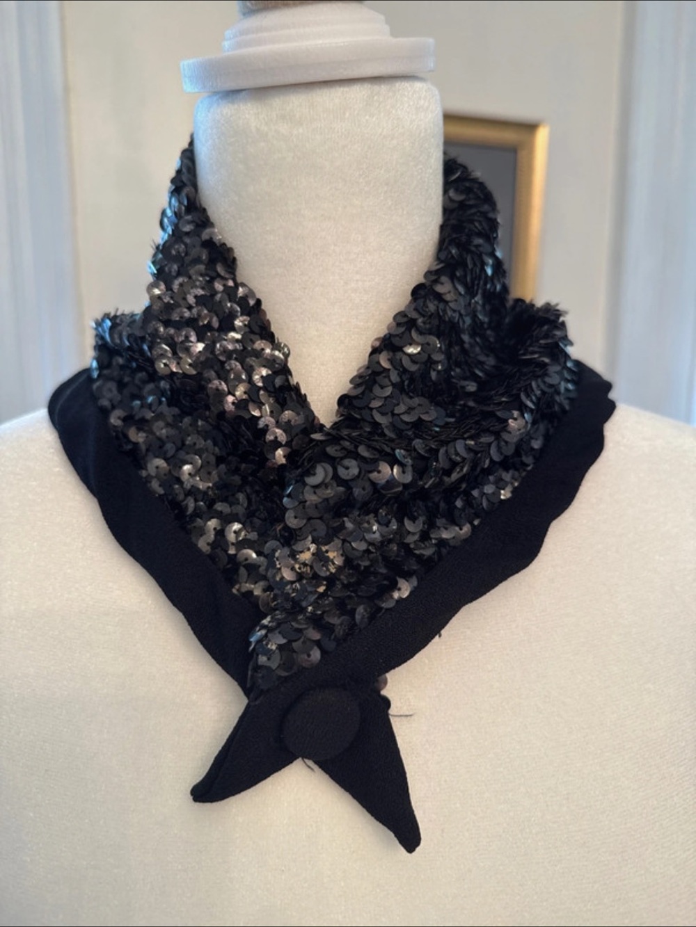Vintage Black Sequin Triangle Scarf with Button Detail